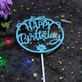 Blue glitter Happy Birthday cake topper with bow and clover decoration for party - Round Floral HB Blue