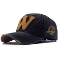 Gorra de béisbol negra de algodón lavado con parche W y bordado de estrella lateral - Ajustable / Negro y Gris