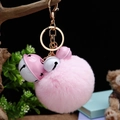 Porte-clés mignon pompon en fourrure rose avec clochettes assorties et métal doré - Emballage unique en sac OPP / Cloche Rose Blanche + Rose