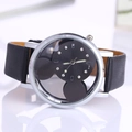 Classic Mickey silhouette watch with black leather strap and silver rhinestones - Black Face Black Strap