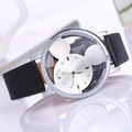 Elegant Mickey Mouse hollow silhouette ladies watch with black leather strap and rhinestones - White Face Black Strap