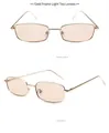 Detail view of gold metal rectangular sunglasses with light tea lenses in two angles - Gold Frame Light Tea Lens