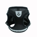 Breathable black mesh dog harness featuring reflective strips and a paw logo shield - S / Black