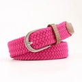 Unisex pink woven elastic belt with silver metal pin buckle and brown faux leather details - 100x2.5cm / Rose Red