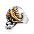 Skull ring with gold scorpion and red eye stone, stainless steel punk jewelry for men - US 7 / Gold & Silver