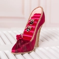 High heel jewelry organizer in wine red satin with floral accent and ring slots - Wine Red Velvet Flower