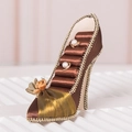 Brown velvet high heel jewelry display stand with gold trim and olive green ribbon bow - Brown Velvet Flower