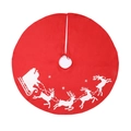 Red Christmas tree skirt featuring white reindeer and Santa Claus sleigh pattern - 90cm Diameter / Red