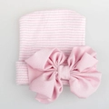 Berretto neonato a righe rosa e bianche con un grande fiocco di chiffon - Cappello a Righe Rosa e Bianco + Fiocco Rosa