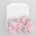 Berretto bianco per neonato con un grande fiocco rosa in chiffon per bambina - Cappello Bianco + Fiocco Rosa