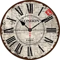 Retro 12-inch round wooden wall clock with Roman numerals and vintage newspaper design - Newspaper Rome