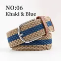 Braided elastic belt in khaki and blue stripe with silver buckle and brown leather trim - Khaki and Blue (06) / Length 105 Width 3.5