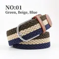 Elastic woven belt featuring green, beige, and navy stripes with a silver metal buckle - Green Beige Blue (01) / Length 105 Width 3.5
