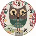 Vintage ronde houten wandklok met een patchwork uil ontwerp en bloemmotieven - 30cm / Cartoon Uil
