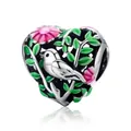S925 sterling silver heart charm with pink flowers, green leaves and a bird motif - 925 Silver / Heart-shaped Bird on Branch Charm