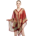 Women red paisley chiffon cover up with V-neck and batwing sleeves for beach holiday - Burgundy