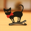 Black felt cat hair clip with red glitter bow for Halloween costumes on wood base - Black Cat