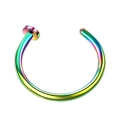 Close-up of rainbow plated stainless steel C-shaped nose ring on a white background - Rainbow