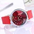 Women's quartz watch with red leather strap and sparkling rhinestone Mickey motif - Red