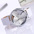 Elegant women's quartz watch with silver Mickey silhouette and white leather strap - White