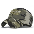 Detail of army embroidery and woodland camouflage pattern on a cotton flat top military cap - Adjustable / Camouflage