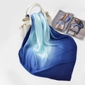 Elegant gradient blue satin silk square scarf draped over a luxury white leather handbag - FJ125-7# (Blue Gradient)