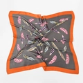 Square satin scarf with orange borders and colorful feather prints on a dark grey base - FJ127-Grey (Feather)
