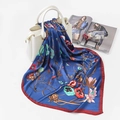Elegant blue floral silk satin square scarf draped on white handbag for women - FJ124-Navy Blue