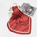 Red silk satin square scarf with white polka dots tied to a white luxury handbag - FJ126-Red (Polka Dot)