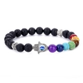 Chakra Lava Rock Bracelet with Silver Hamsa Hand and Evil Eye charm on white background - 6175 Hamsa Hand