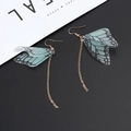 Handmade green tulle butterfly wing earrings with long gold chain and pearl accents - Style I
