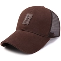 Casquette pare-soleil en maille marron respirante en coton avec écusson en cuir chic - Réglable / Café