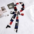 Polka dot skinny silk scarf in red, white, and black geometric color-block pattern - Navy Blue Geometric