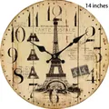 Retro Parisian 14 inch wooden wall clock featuring Eiffel Tower and vintage postcard art - Classic Tower