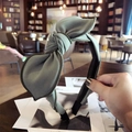 Handheld elegant green fabric rabbit ear bow headband with ribbed texture and slim fit - Cyan Green