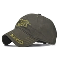 Close-up of Navy Seal embroidered insignia on green cotton military baseball cap - Adjustable / Army Green