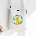 White canvas crossbody bag featuring a cartoon fox print and the word LUCKY - Fox