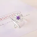 Silver cherry blossom open ring featuring a vibrant purple zircon flower center - Adjustable Open / Purple Zirconia
