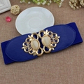 Women's wide elastic corset belt in sapphire blue with vintage gold cat eye buckle - 75cm / Blue