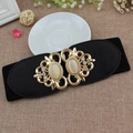 Women's black elastic wide waist belt with gold vintage buckle and white opal stones - 75cm / Black