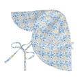 Detail view of cartoon sun print sun hat with neck protection flap and chin straps - Small (44-48cm) / Sun (Light Blue)