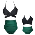 Bikini coordinati madre e figlia con slip a vita alta verdi e top nero incrociato - Bambini 116 / Top Nero Fondo Verde