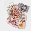 Pink silk-like square scarf with floral and butterfly prints draped on a white handbag - FJ124-Pink