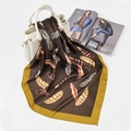 Brown silk scarf featuring elegant feather patterns and a mustard yellow border - FJ127-Brown (Feather)