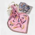 Pink satin square scarf with colorful feather print draped over a white handbag - FJ127-Pink (Feather)