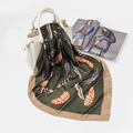 Dark green satin square scarf with colorful feather print on a white handbag - FJ127-Army Green (Feather)