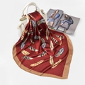 Burgundy silk satin square scarf featuring realistic feather prints on a white handbag - FJ127-Wine Red (Feather)