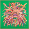 Detail of vibrant feather pattern on high-quality green twill silk square scarf for women - Green