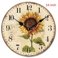 14-inch vintage round wooden wall clock with sunflower motif and Arabic numerals - Yellow Sunflower