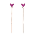 Rose gold long chain drop earrings with magenta heart-shaped stones for women - Ear Line Style / Copper